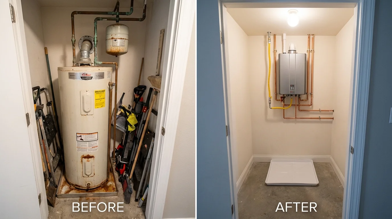 Tank water heater versus wall-mounted tankless unit comparison for Clayton, NC homeowners
