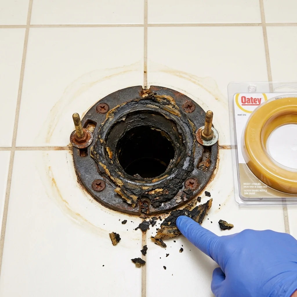 Failed wax ring showing water seepage at the base of a toilet in a Clayton, NC home