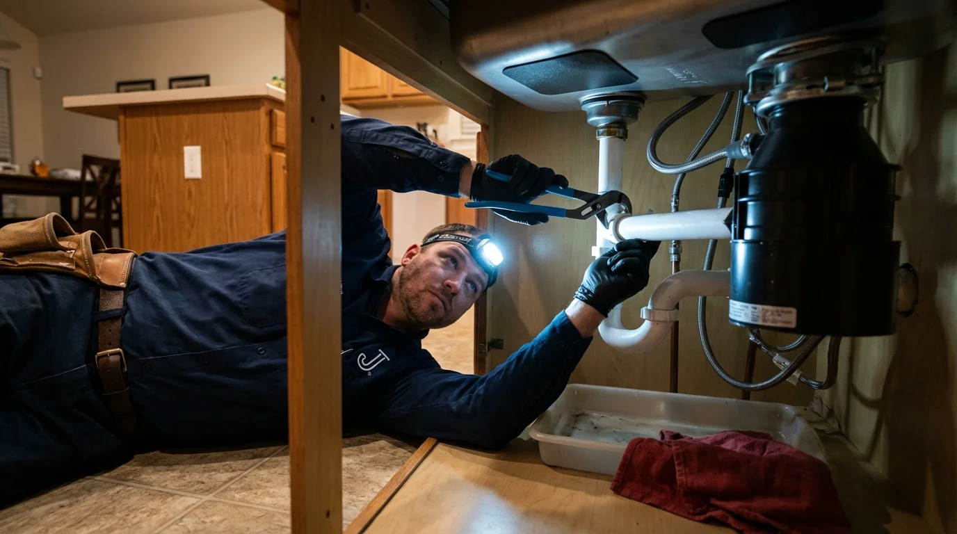 P-trap and supply line connections under a kitchen sink showing a common leak point in Clayton, NC
